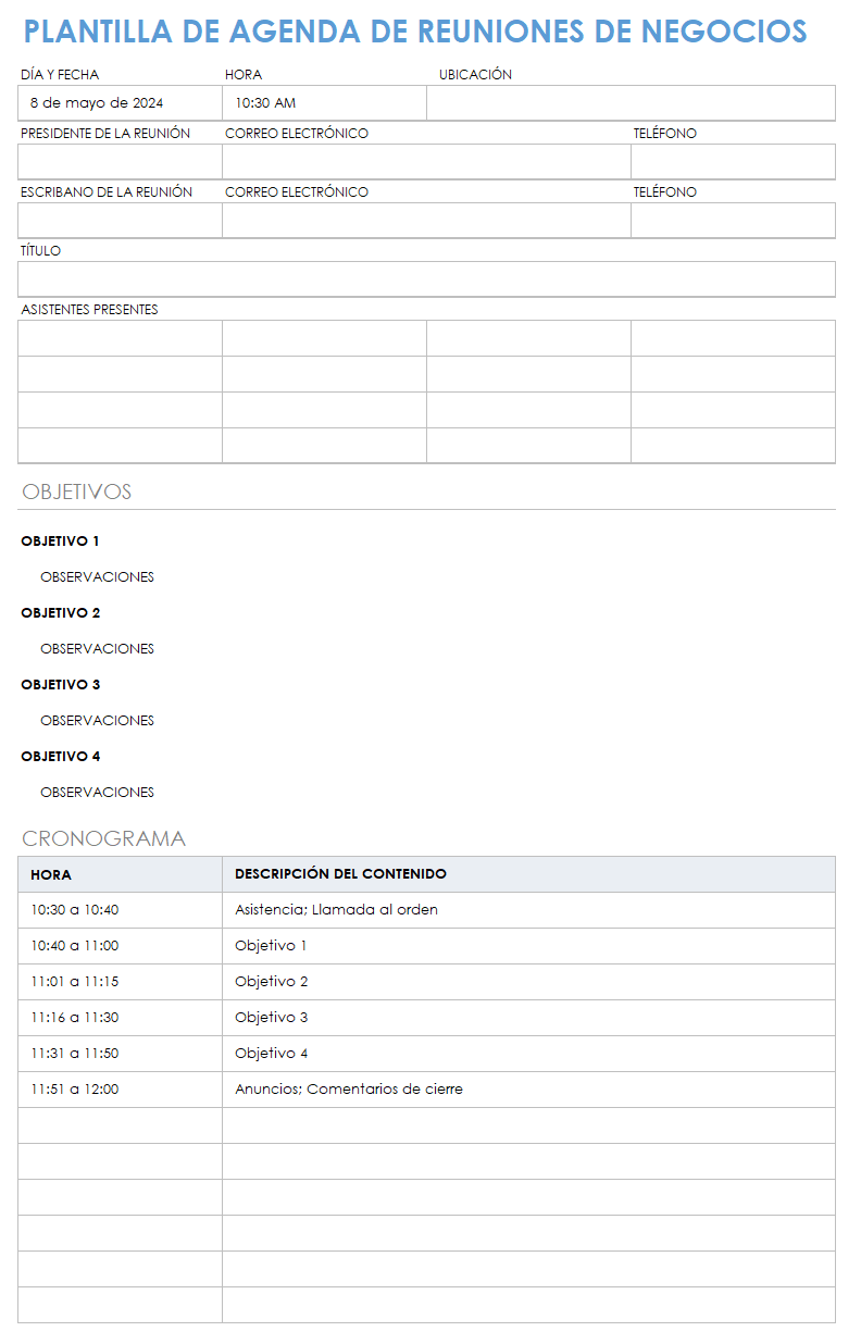 agenda de reuniones de negocios