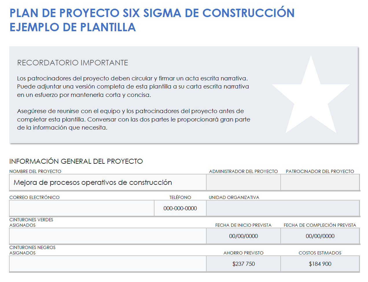 Ejemplo de carta de proyecto de construcción six sigma