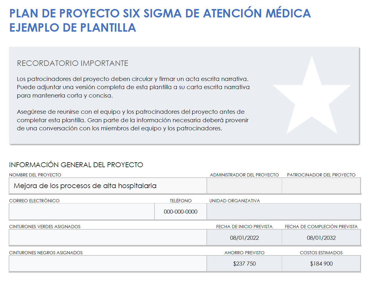 Ejemplo de carta de proyecto seis sigma para el sector sanitario