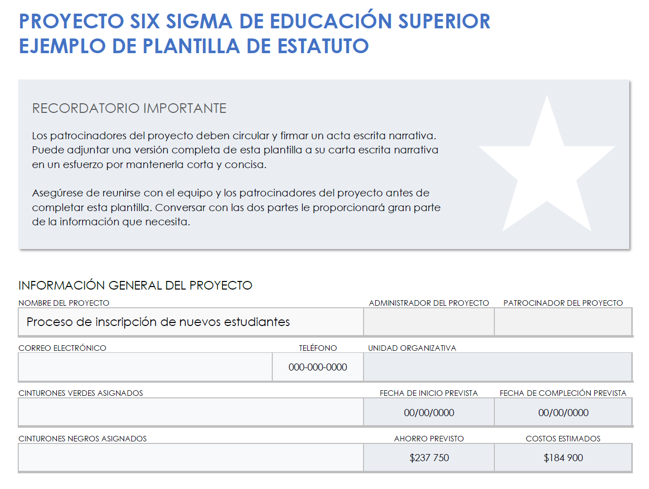 Ejemplo de carta orgánica del proyecto Six Sigma de educación superior