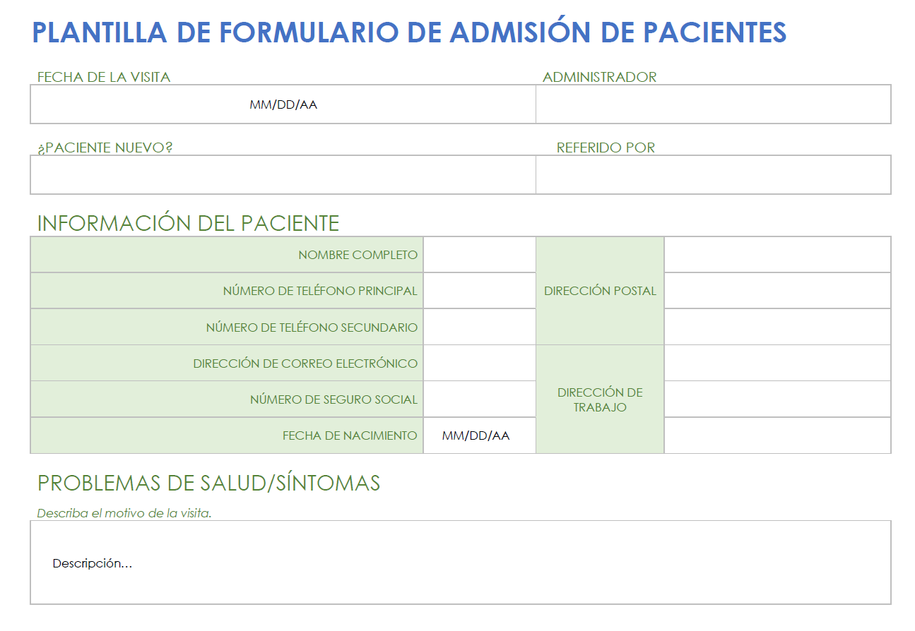 Plantilla de formulario de admisión de pacientes