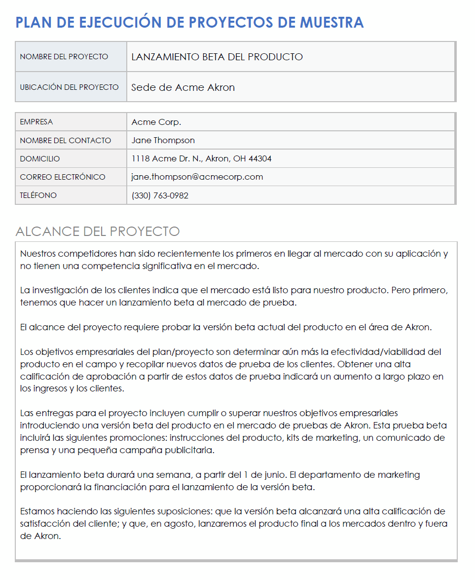 plantilla de plan de ejecución de proyecto de muestra