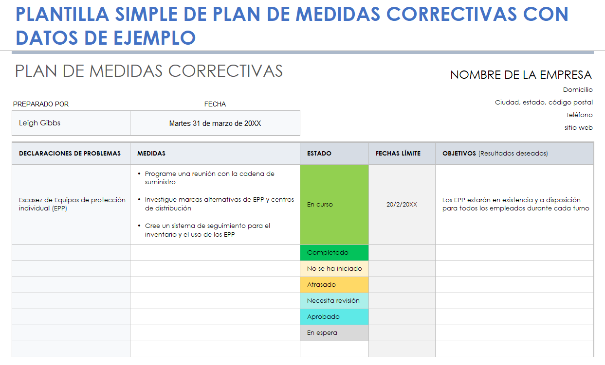 Plantilla de plan de acción correctiva simple con datos de muestra