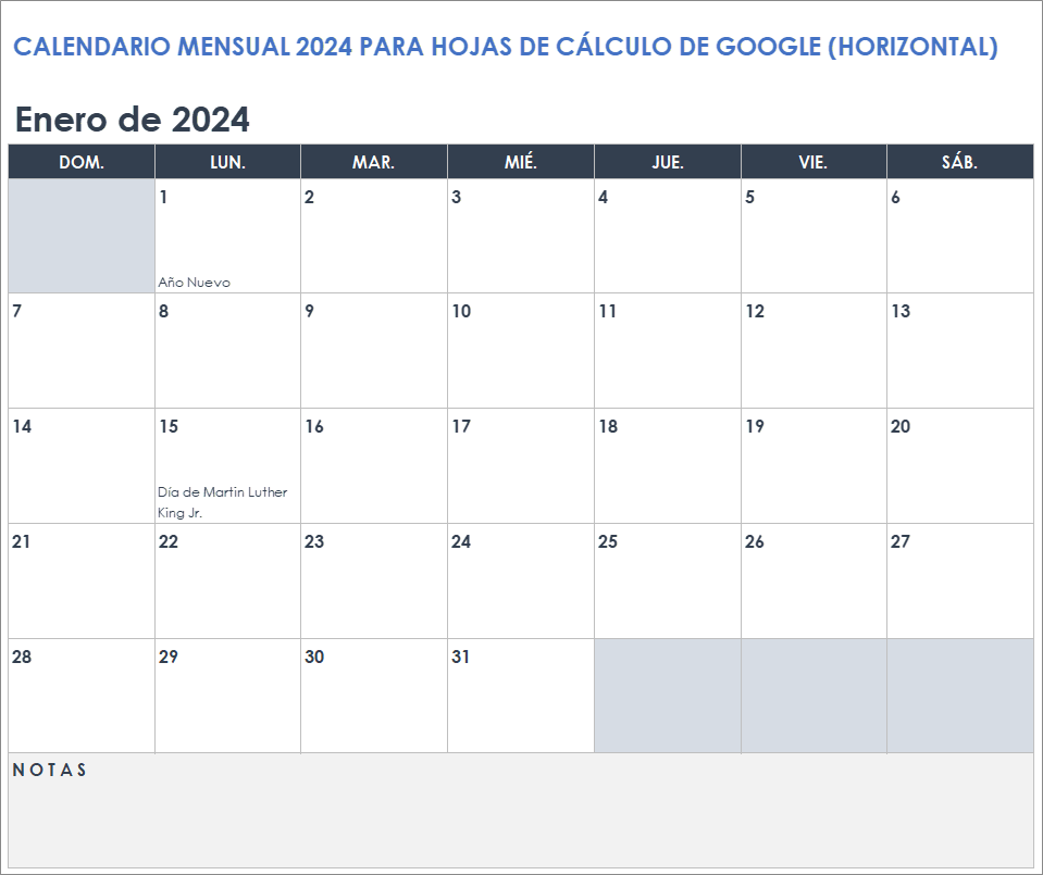  Plantilla horizontal de calendario mensual de hojas de cálculo de Google