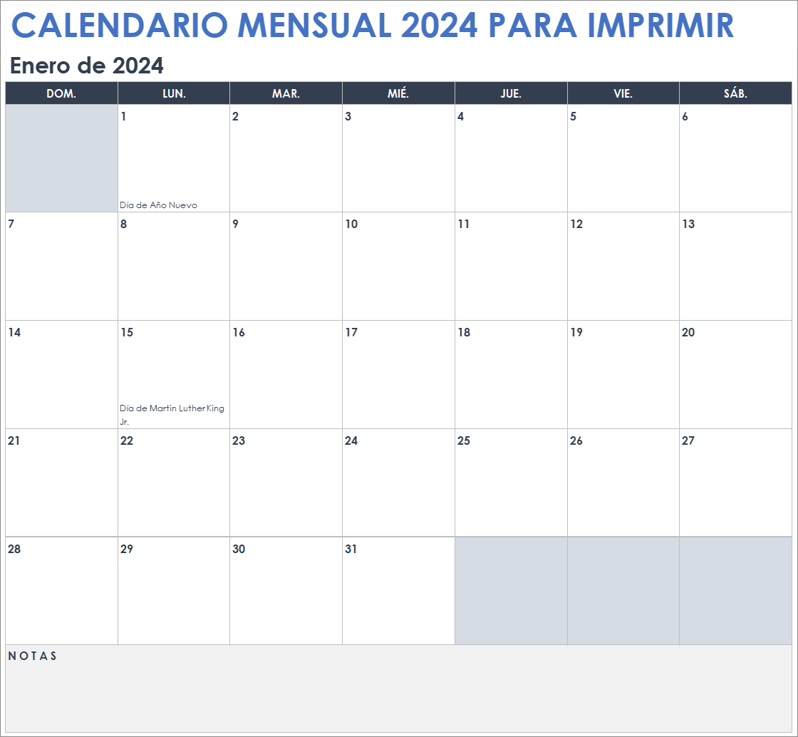  Plantilla de Hojas de cálculo de Google con calendario imprimible mensual 2024