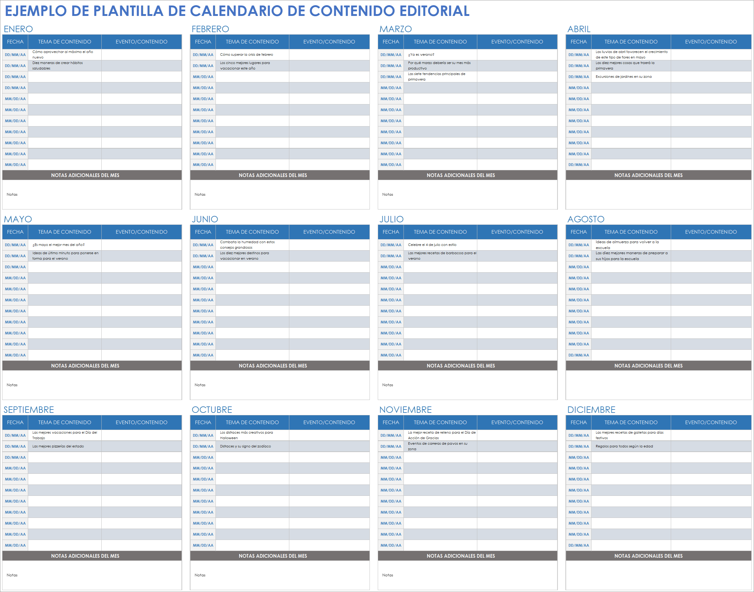  Plantilla de ejemplo de calendario de contenido editorial