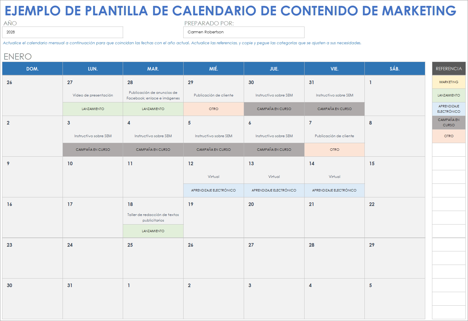  Plantilla de ejemplo de calendario de contenido de marketing