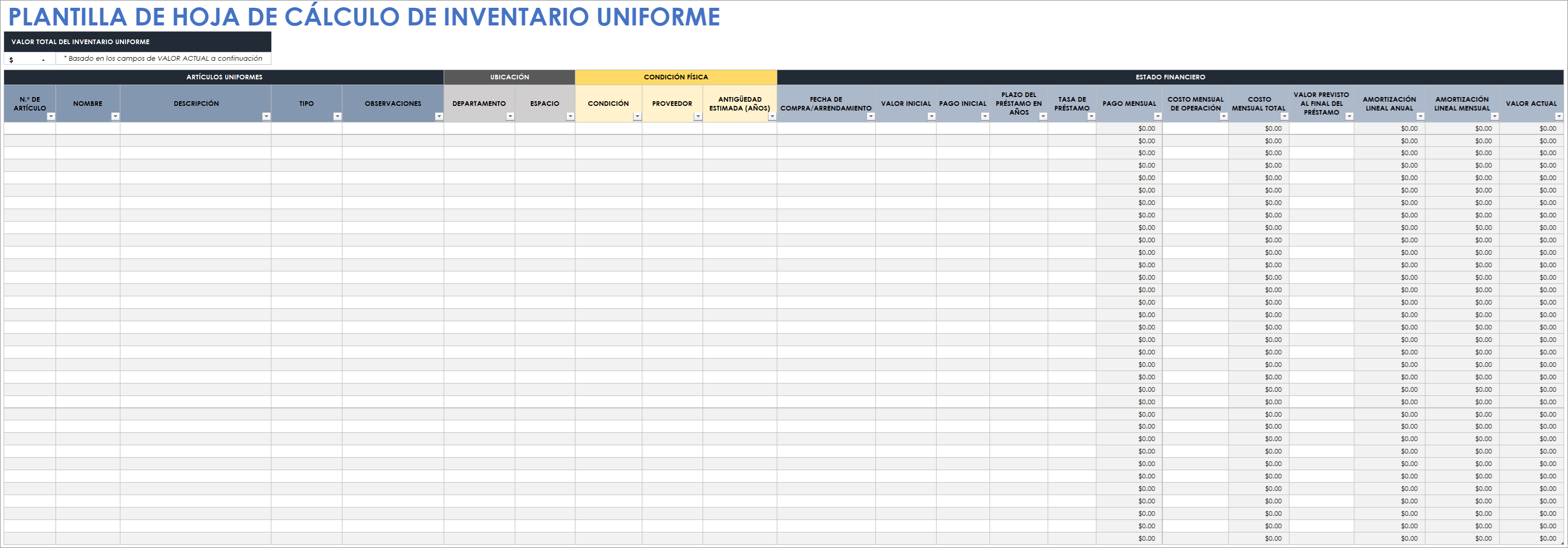  Plantilla de hoja de cálculo de inventario uniforme