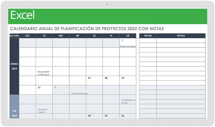 Calendario Anual de Planificación de Proyectos Con Notas.