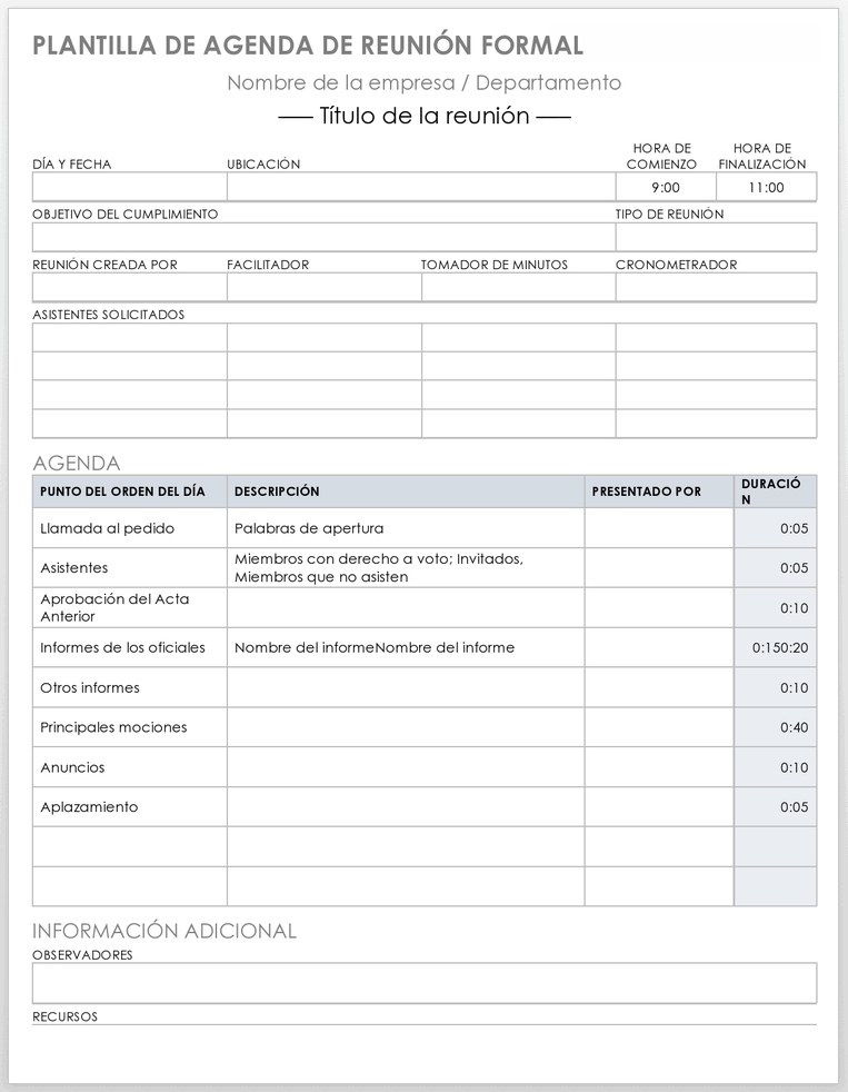  Plantilla de agenda de reunión formal