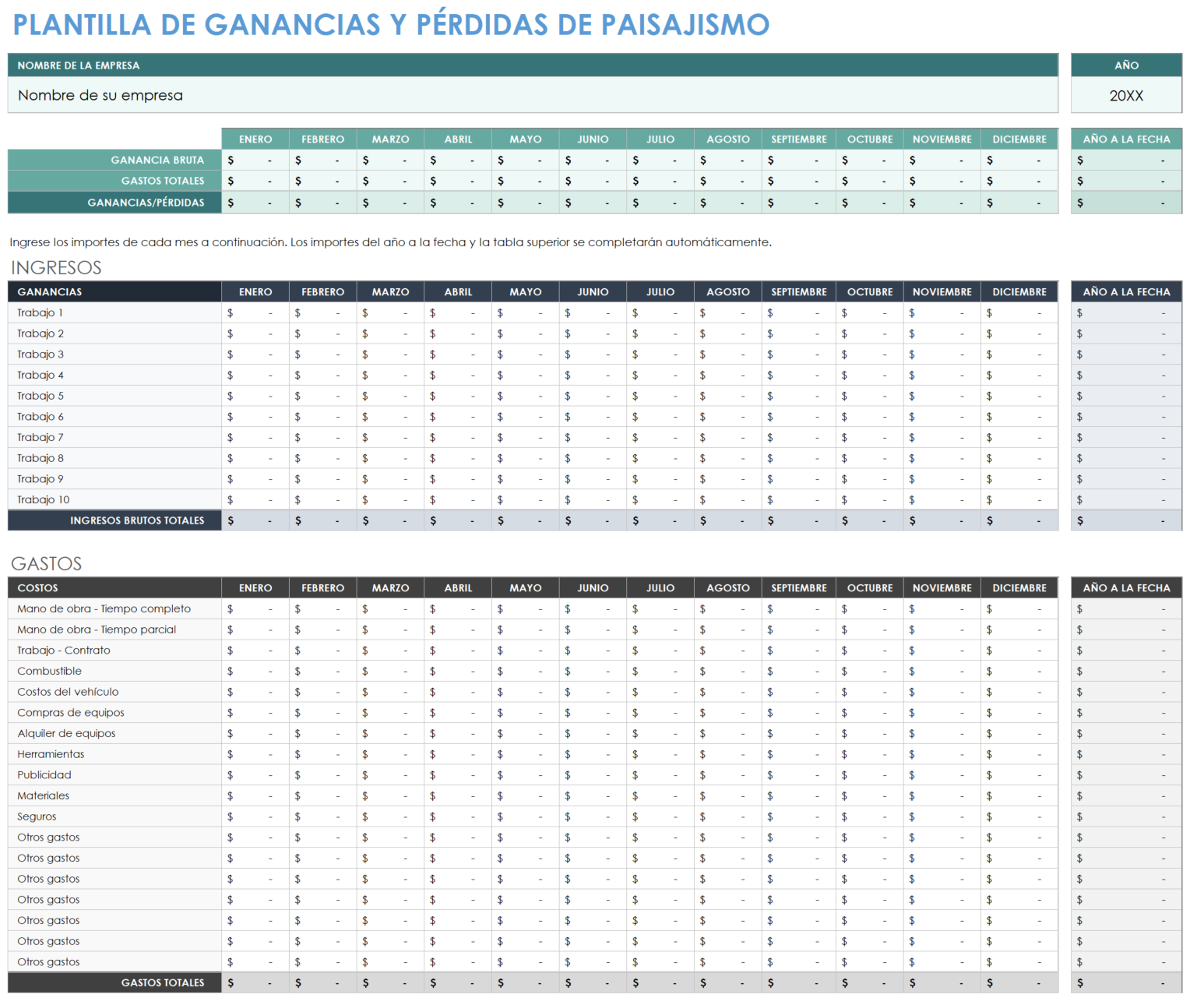 Plantilla de pérdidas y ganancias de paisajismo