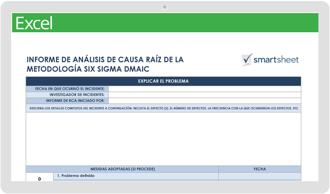 Plantilla de análisis de causa raíz de la metodología Six Sigma DMAIC